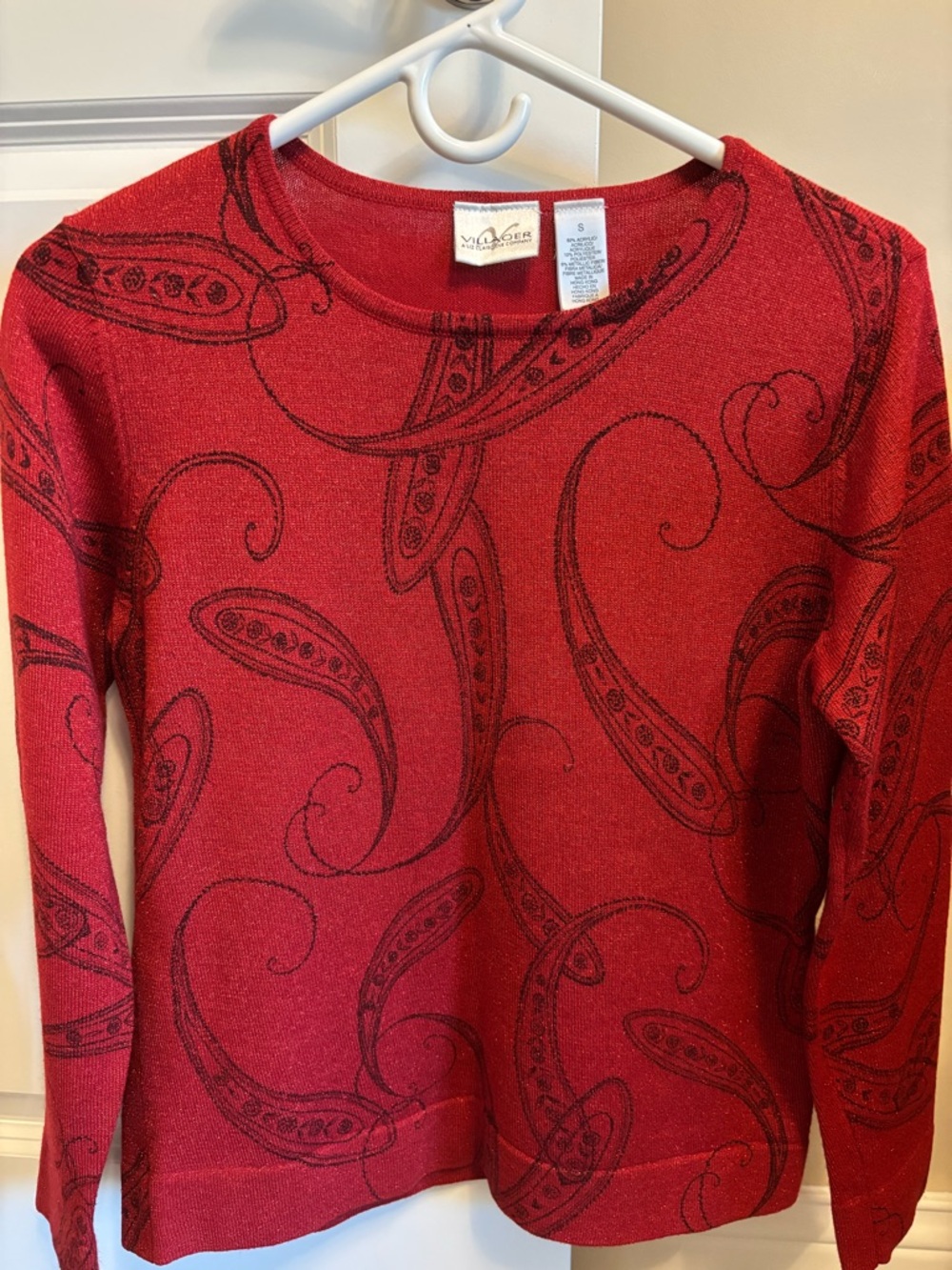 Red with black print knit top by Villager A Liz Claiborne company.